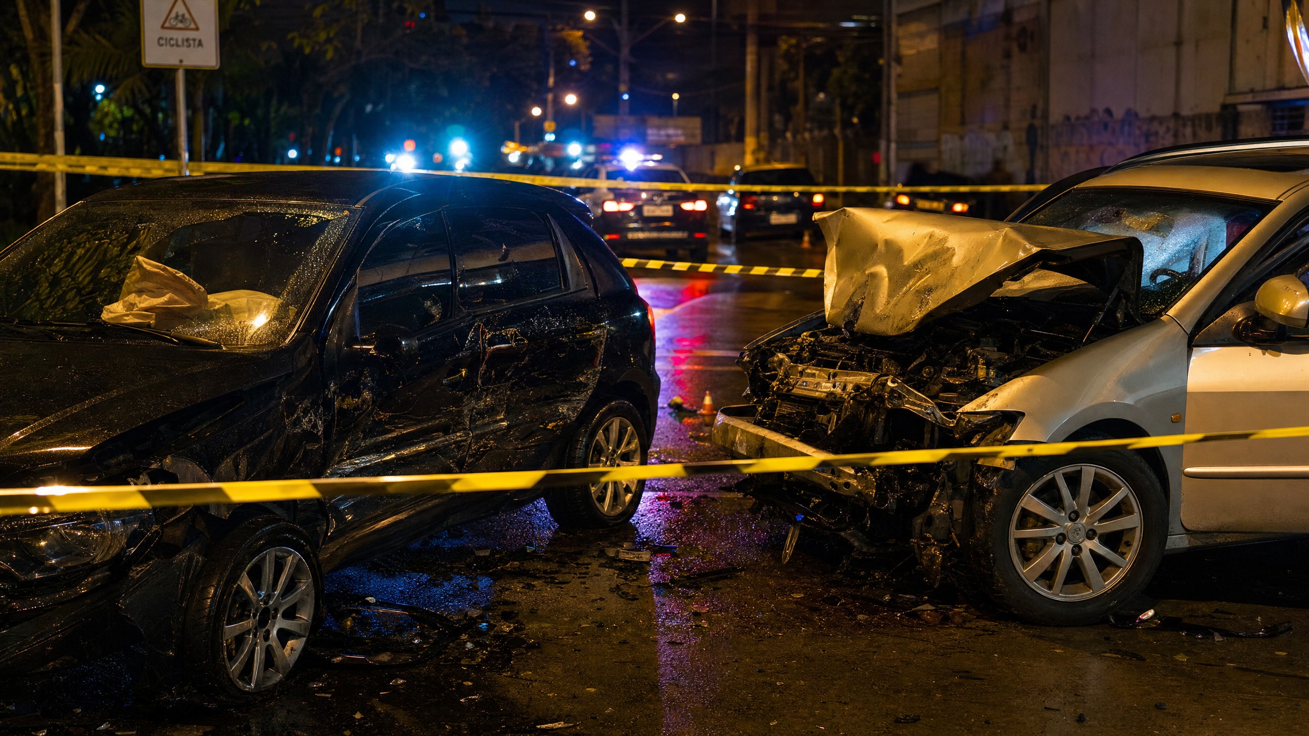 Acidente de trânsito à noite em via urbana brasileira com fita de isolamento