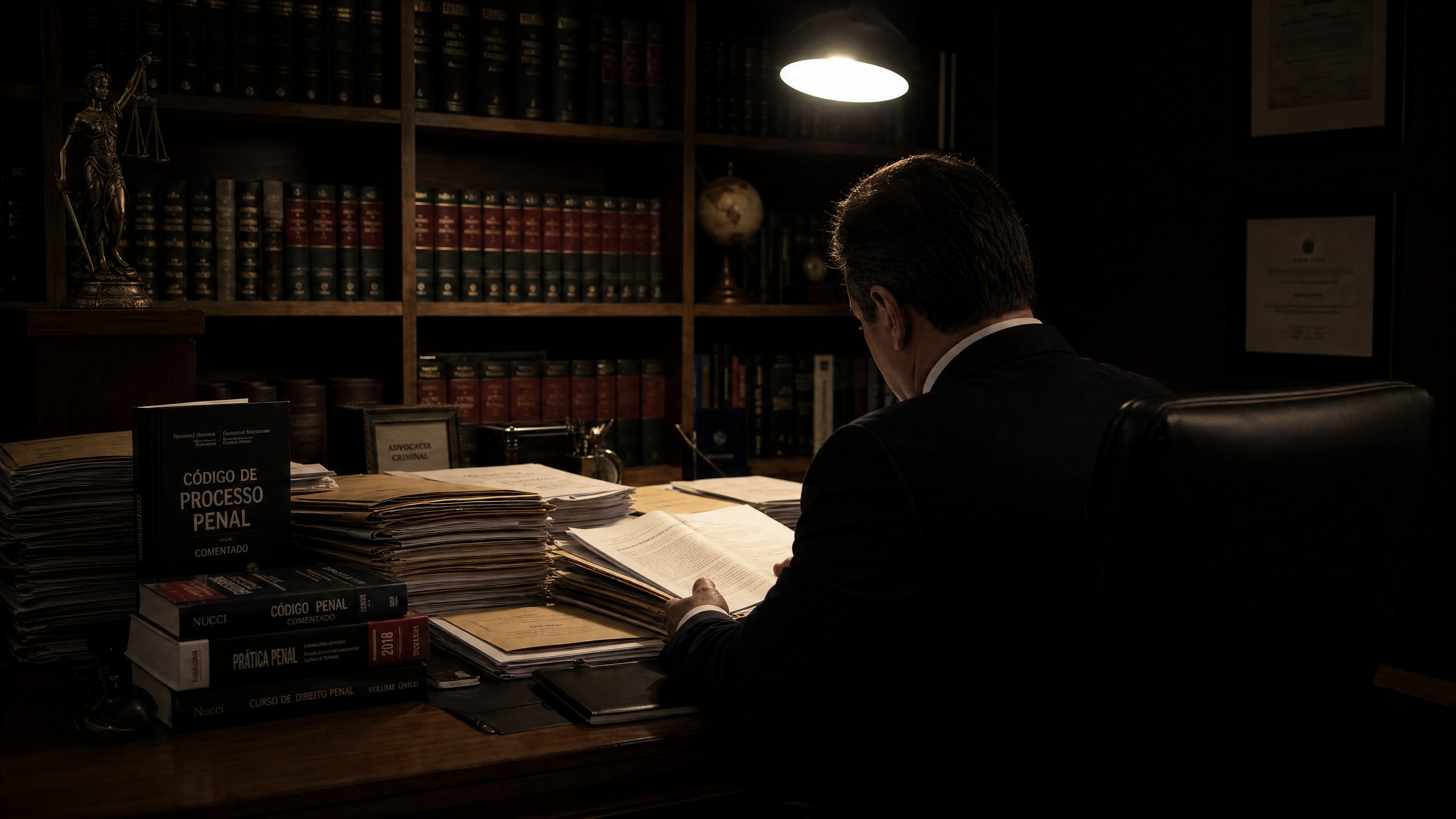 Advogado criminalista estudando processo de tráfico de drogas com livros de direito penal