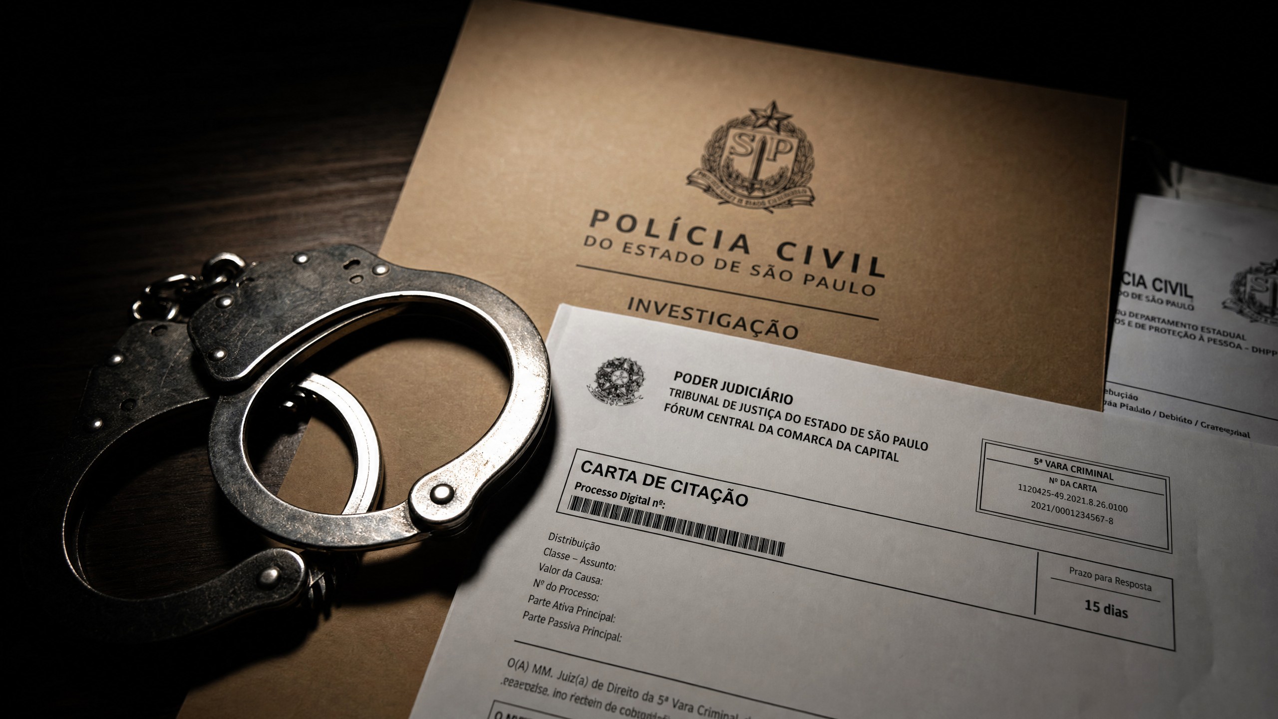 Algemas ao lado de carta de citação e documento da Polícia Civil — processo penal de tráfico
