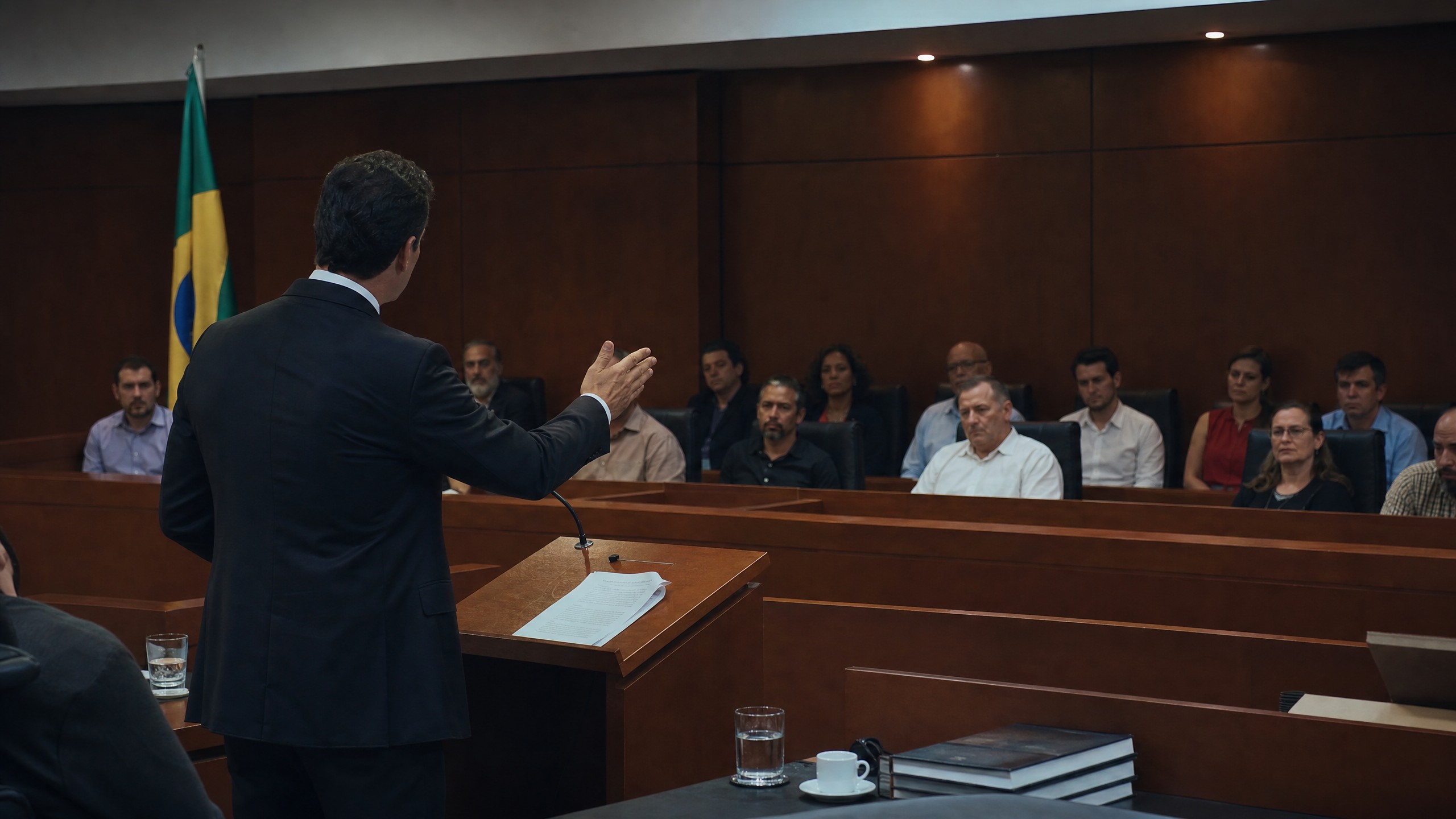 Advogado criminalista fazendo sustentação oral perante o Tribunal do Júri