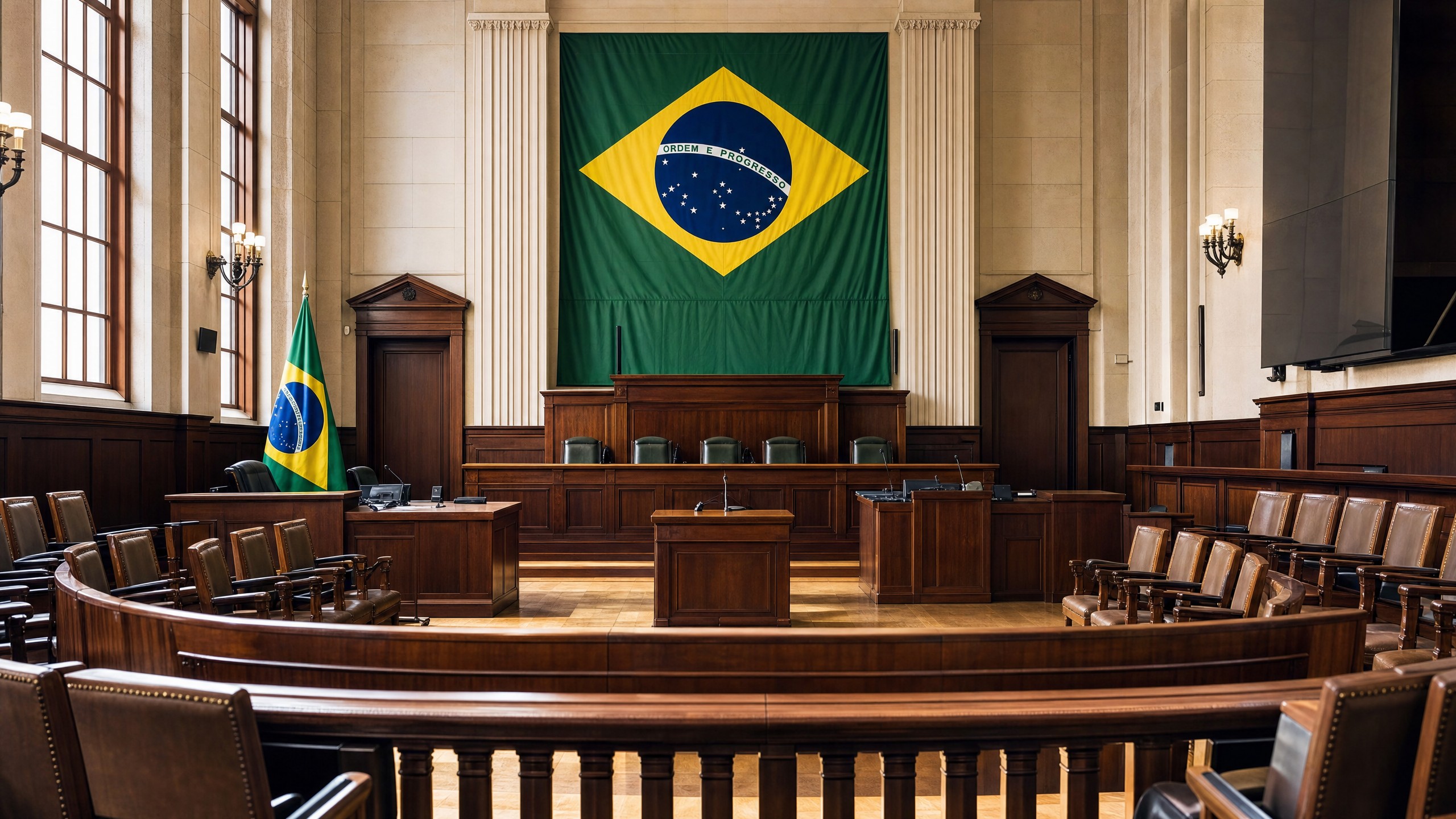 Plenário do Tribunal do Júri no Brasil com bandeira brasileira