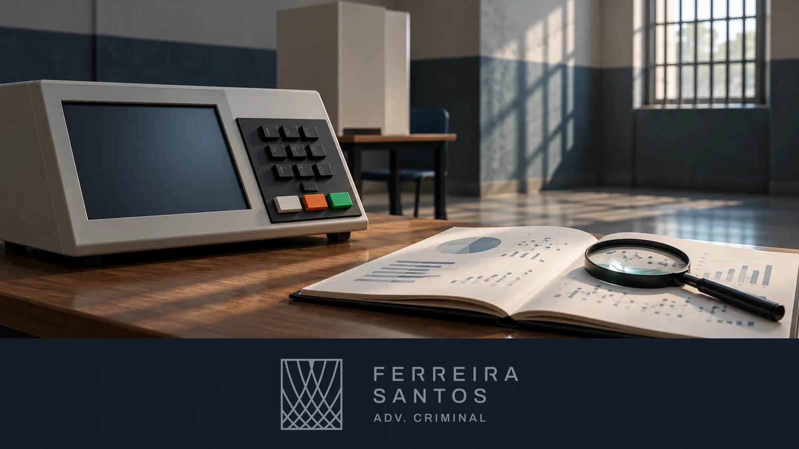 Ilustração sobre voto de presos, com urna eletrônica, caderno de dados, lupa e logo Ferreira Santos Advocacia Criminal.